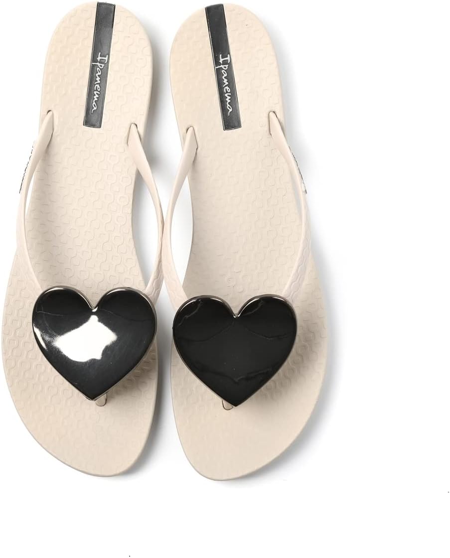 ipanema wave heart infradito da donna - sandalo estivo comodo ed elegante con decorazione a cuore metallico plantare anatomico e suola antiscivolo beige e nero taglia 7 abbigliamento scarpe e gioielli